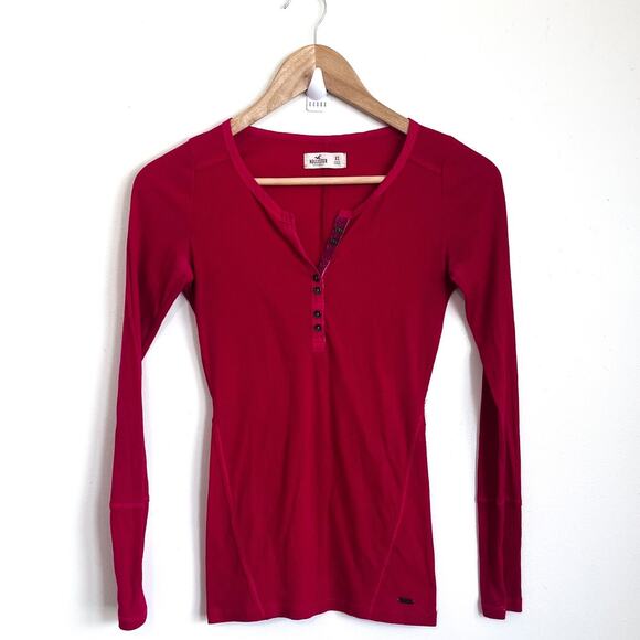 Hollister Tops - VTG Y2K Hollister Womens Ribbed Henley Top Size XS Red Bella Swan Elena Gilbert